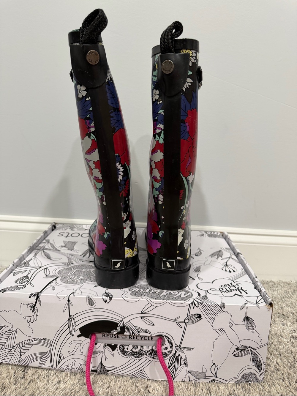 Sakroots Black Floral Rain Boots with Purple Red Teal Accents - Picture 2 of 6